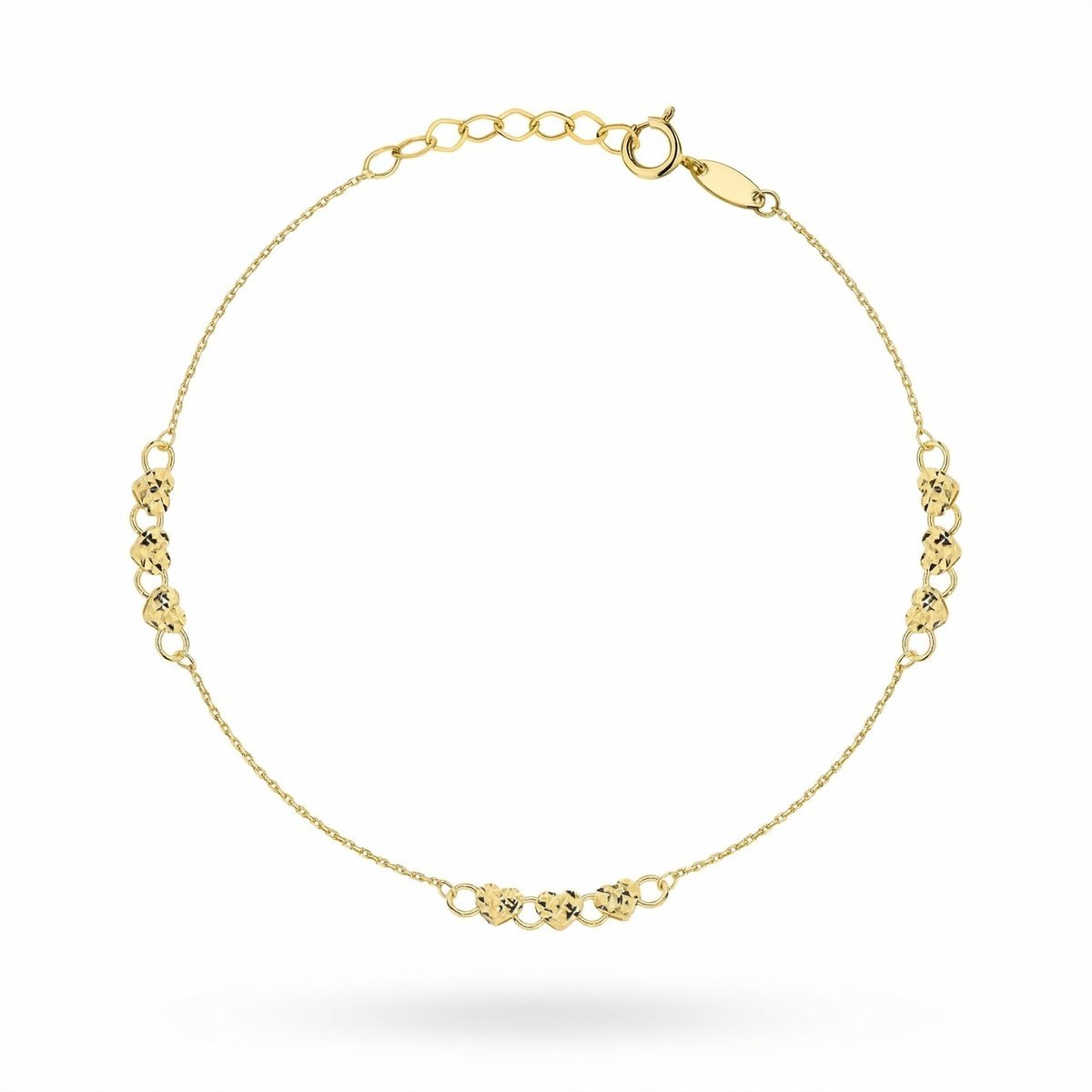 Bransoletka damska 585 z gładkimi serduszkami diamentowana elegancka 1.77g