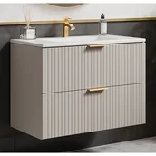 Szafki łazienkowe - Szafka łazienkowa wisząca ryflowana z umywalką wpuszczaną w blat - Beżowy - 80 cm - ZEVARA - miniaturka - grafika 1