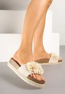Klapki i japonki damskie - Beżowe Klapki Zdobione Aplikacją z Imitacją Kwiatów Felurea - miniaturka - grafika 1