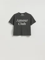 Koszulki i topy damskie - Reserved - Krótki t-shirt z nadrukiem - ciemnoszary - miniaturka - grafika 1