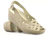 Sandały damskie - Skórzane sandały damskie na koturnie - HELIOS Komfort 110, jasny beż - Helios Komfort - miniaturka - grafika 1