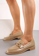 Mokasyny damskie - Ciemnobeżowe Wsuwane Mokasyny Ozdobione Paskiem z Metalową Klamrą Tirnala - miniaturka - grafika 1