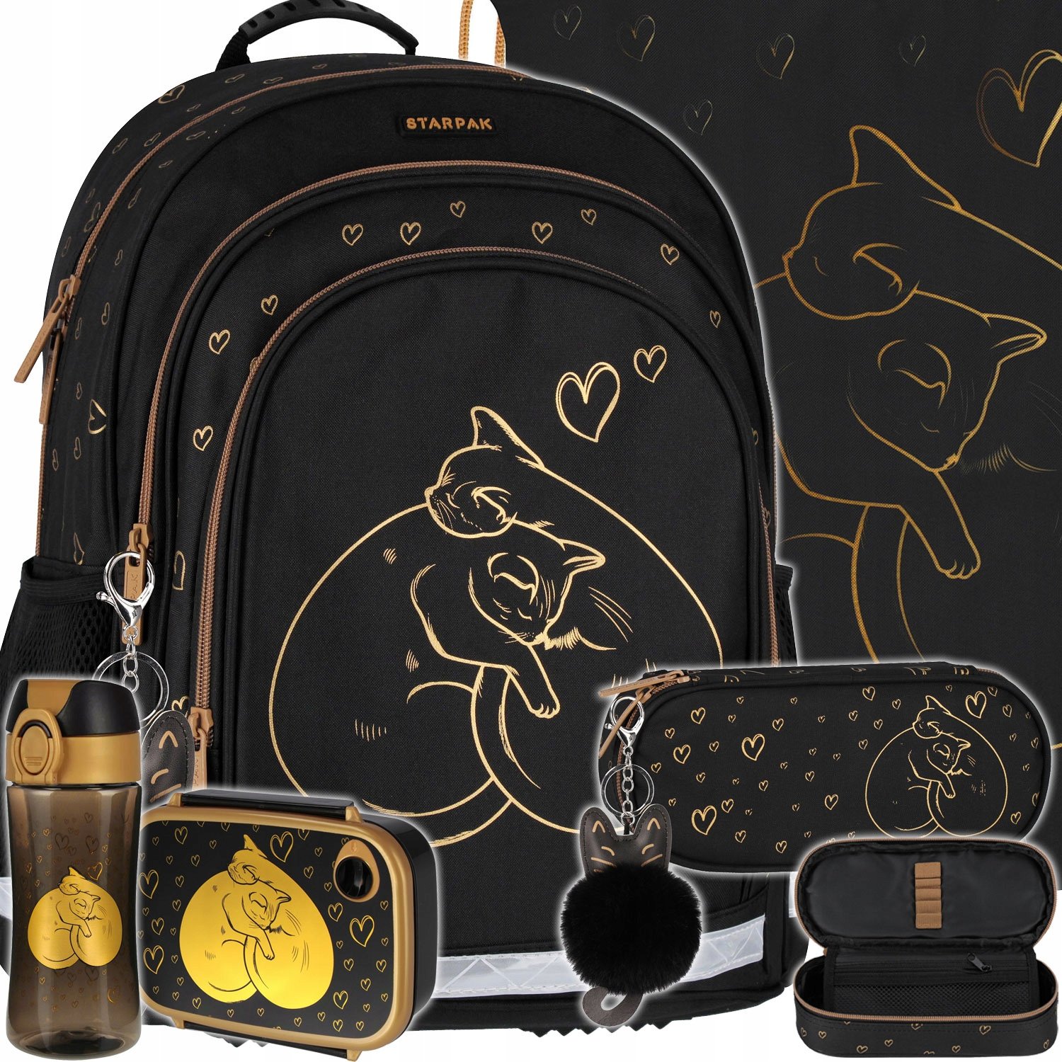 Plecak Szkolny Dla Dziewczynki Czarny Złoty Kot Kotek Zestaw Z Piórnikiem