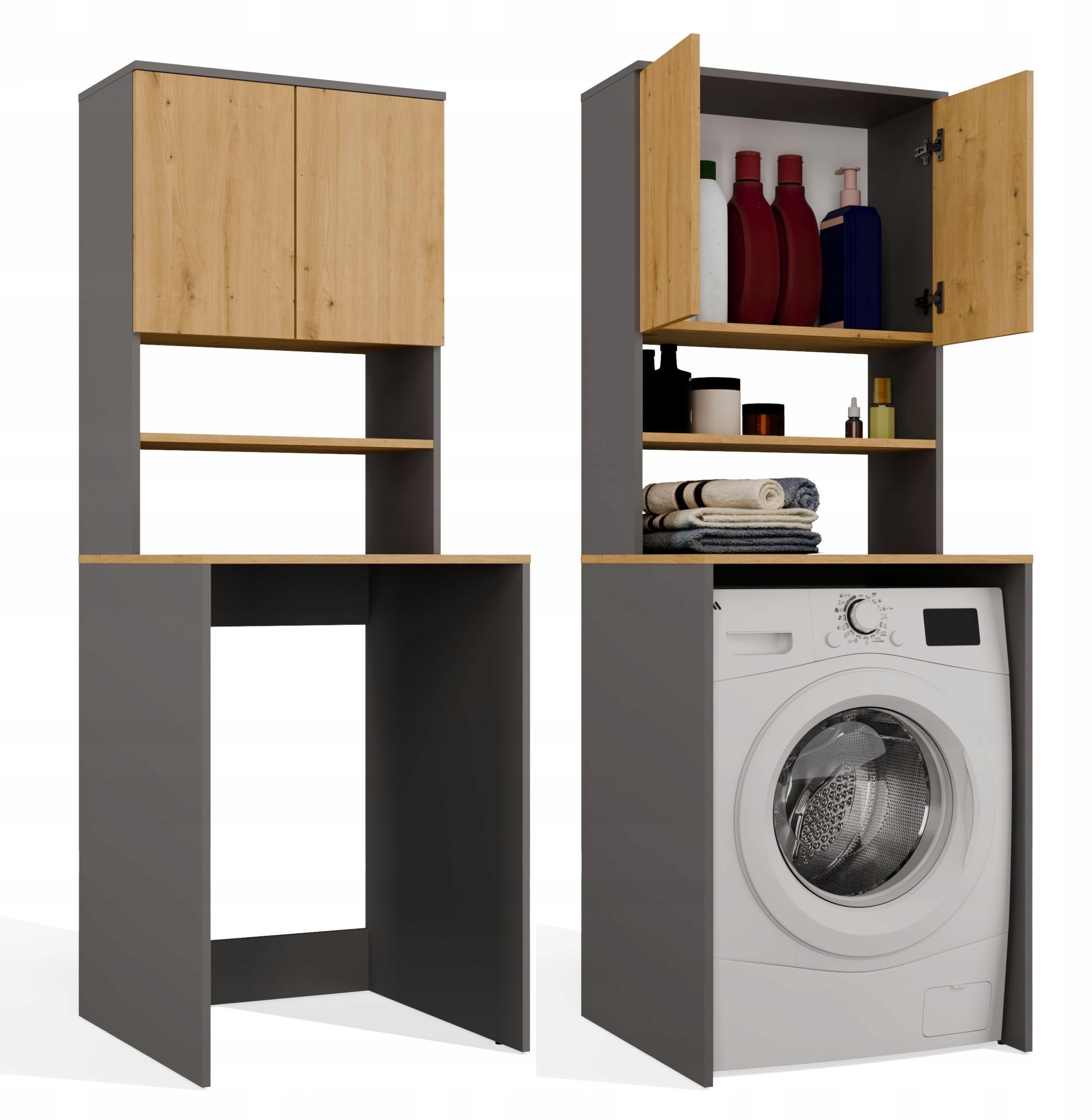 Topeshop Szafka Łazienkowa POLA MULTI Nad Pralkę Słupek Regał ANTRACYT DĄB ARTISAN
