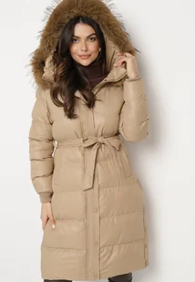 Beżowa Długa Pikowana Kurtka z Kapturem Odpinanym Futerkiem i Paskiem w Talii Serenira - Kurtki damskie - miniaturka - grafika 1