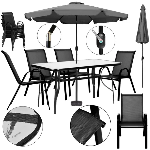 Stół Ogrodowy Szklany Z Parasolem 300 Cm 6 Krzeseł Metal Czarne + Podstawa