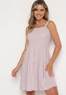 Sukienki - Ciemnoróżowa Sukienka na Ramiączkach z Gumką w Talii i Falbankami Tiamaree - miniaturka - grafika 1