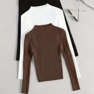 Swetry damskie - TEMU 3 szt. Damski zestaw T-shirtów z chińskim kołnierzykiem - Czarny/Brązowy/Biały jednokolorowy długi rękaw, niezbędnik na każdą porę roku, odporny - miniaturka - grafika 1