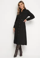 Sukienki - Czarna Koszulowa Sukienka Rozkloszowana Ozdobiona Kieszeniami z Klapami i Paskiem Rinnella - miniaturka - grafika 1