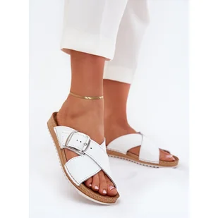 Skórzane Klapki Damskie Z Klamrą Inblu VO0004GU Białe - Klapki i japonki damskie - miniaturka - grafika 1