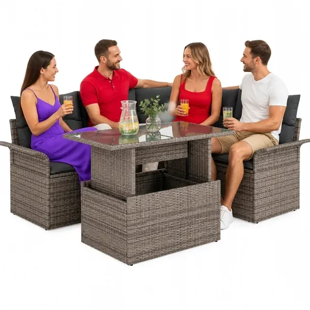 Zestaw Sof Ogrodowych Rattan Naturalny, Szary, Regulowane Nogi, 4 Elementy