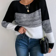 Swetry damskie - TEMU Sweter w Paski Czarno-Biały Oversize - Kardigan z Okrągłym Dekoltem i Kołnierzem w Stylu -, Miękki Płaszcz Zimowy na Jesień/Zimę, Styl Casual i - miniaturka - grafika 1