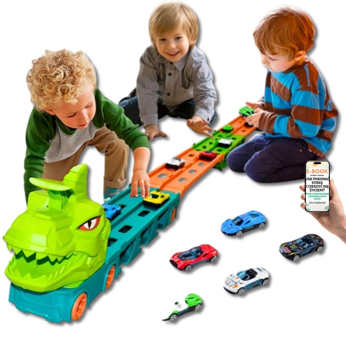 TOR WYŚCIGOWY CIĘŻARÓWKA DINOZAUR AUTO AUTKO DLA DZIECKA PREZENT NA URODZINY ŚWIĘTA DLA CHŁOPCA WNUKA + EBOOK-1