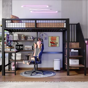 Łóżko piętrowe 90 x 200 cm, rama żelazna, biurko pod spodem, wiele półek, wbudowana szafa, kolor czarny - Łóżka dla dzieci i młodzieży Łóżko piętrowe 90 x 200 cm, rama żelazna, biurko pod spodem, wiele półek, wbudowana szafa, kolor czarny - Łóżka dla dzieci i młodzieży - miniaturka - grafika 1