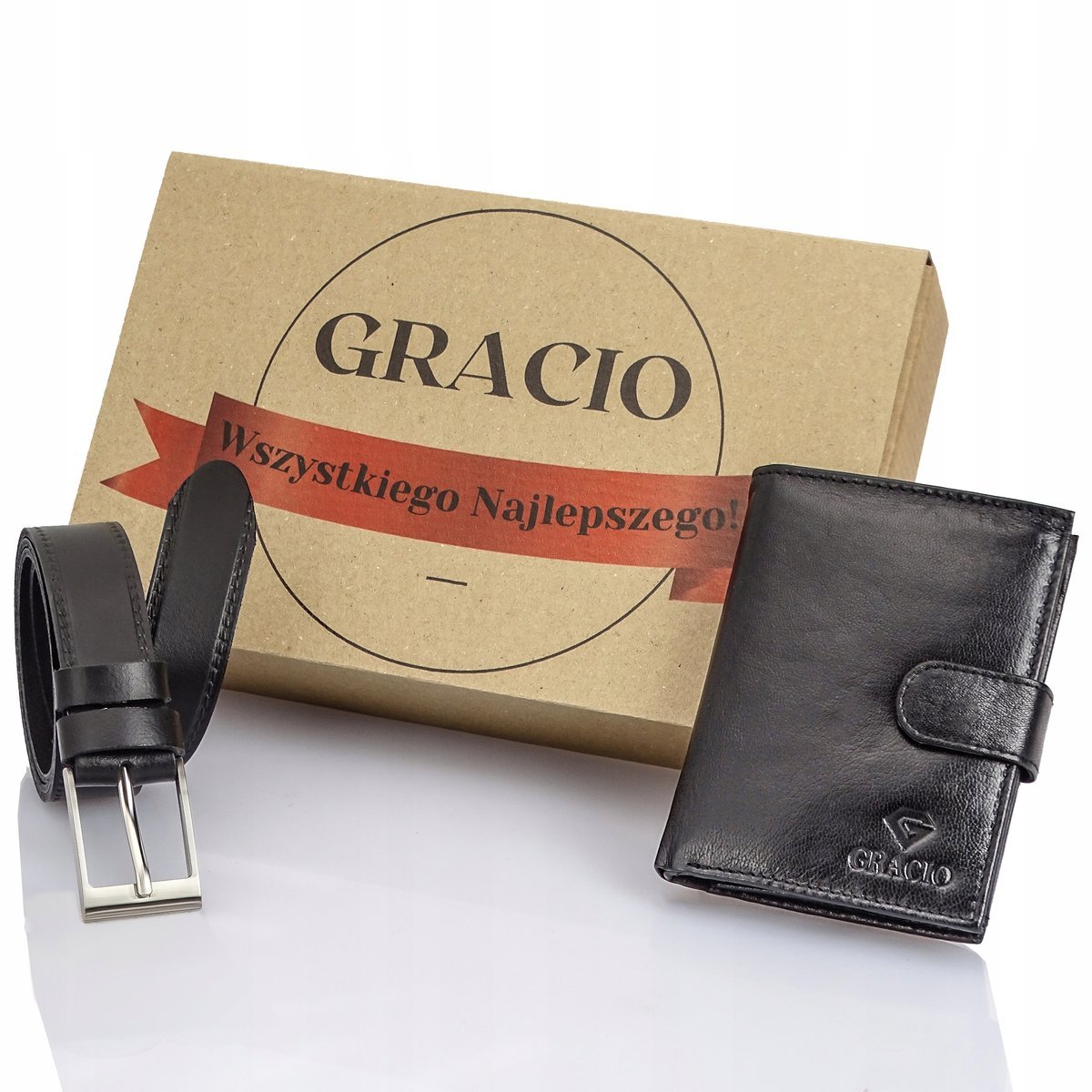 Zestaw PREZENTOWY dla Mężczyzn Pasek 145 cm Eko Skora Portfel Czarny RFID