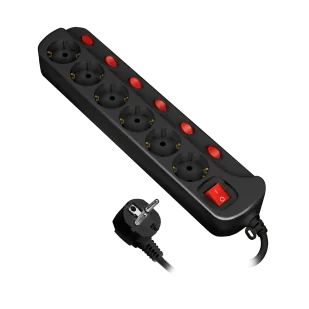 Listwa zasilająca &quot;Multiswitch&quot;, 6 gniazd 2P+Z (Schuko), kabel 3x1,0mm?, długość 1,5m. Wyłącznik termiczny. 10A/230 VAC, czarny - Listwy zasilające - miniaturka - grafika 1