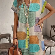 Koszule damskie - TEMU Koszula damska z dekoltem w kształcie litery V i guzikami - wzór geometryczny, krótki rękaw, lekki poliester, styl letni, wielokolorowy wzór - miniaturka - grafika 1