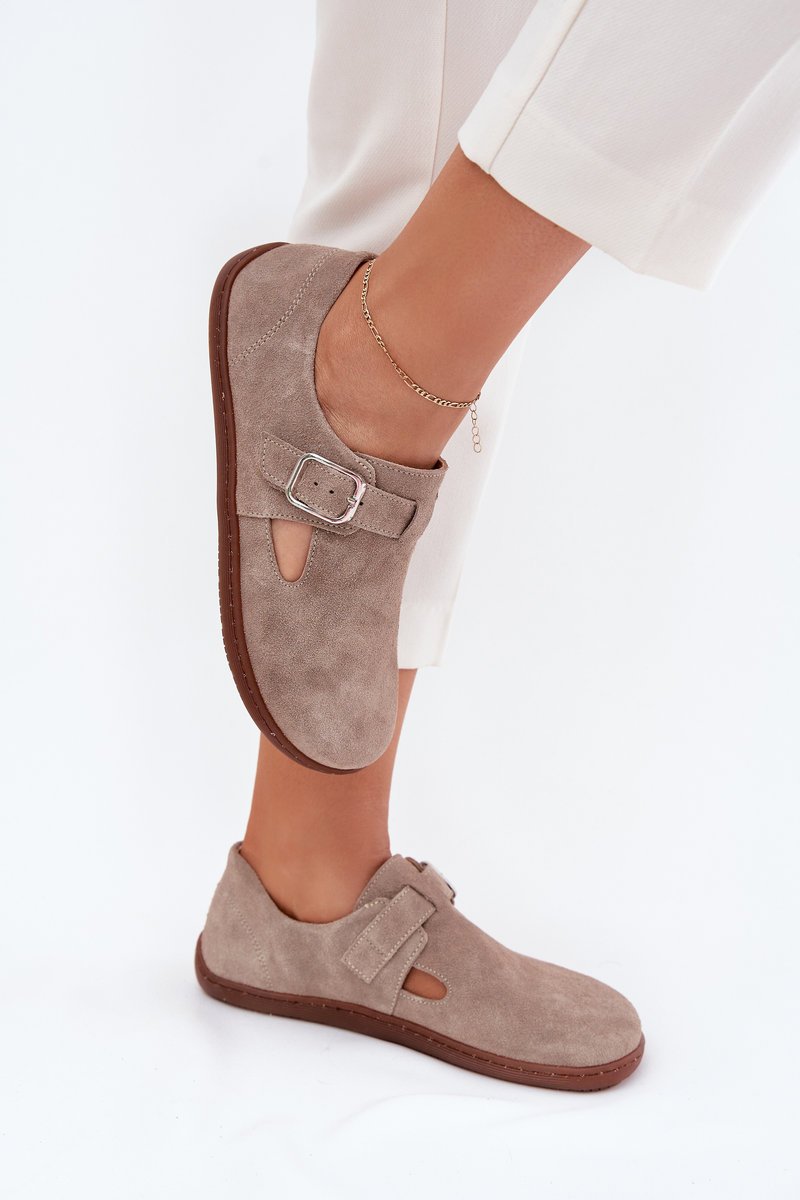 Zamszowe Półbuty Barefoot Damskie Z Klamrą Zazoo N1261 Beżowe-38