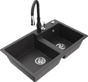 Zlewozmywaki z baterią - Mexen Tomas zlewozmywak granitowy 2-komorowy z baterią kuchenną Savita, czarny nakrapiany - 6516-76-672601-70 - miniaturka - grafika 1
