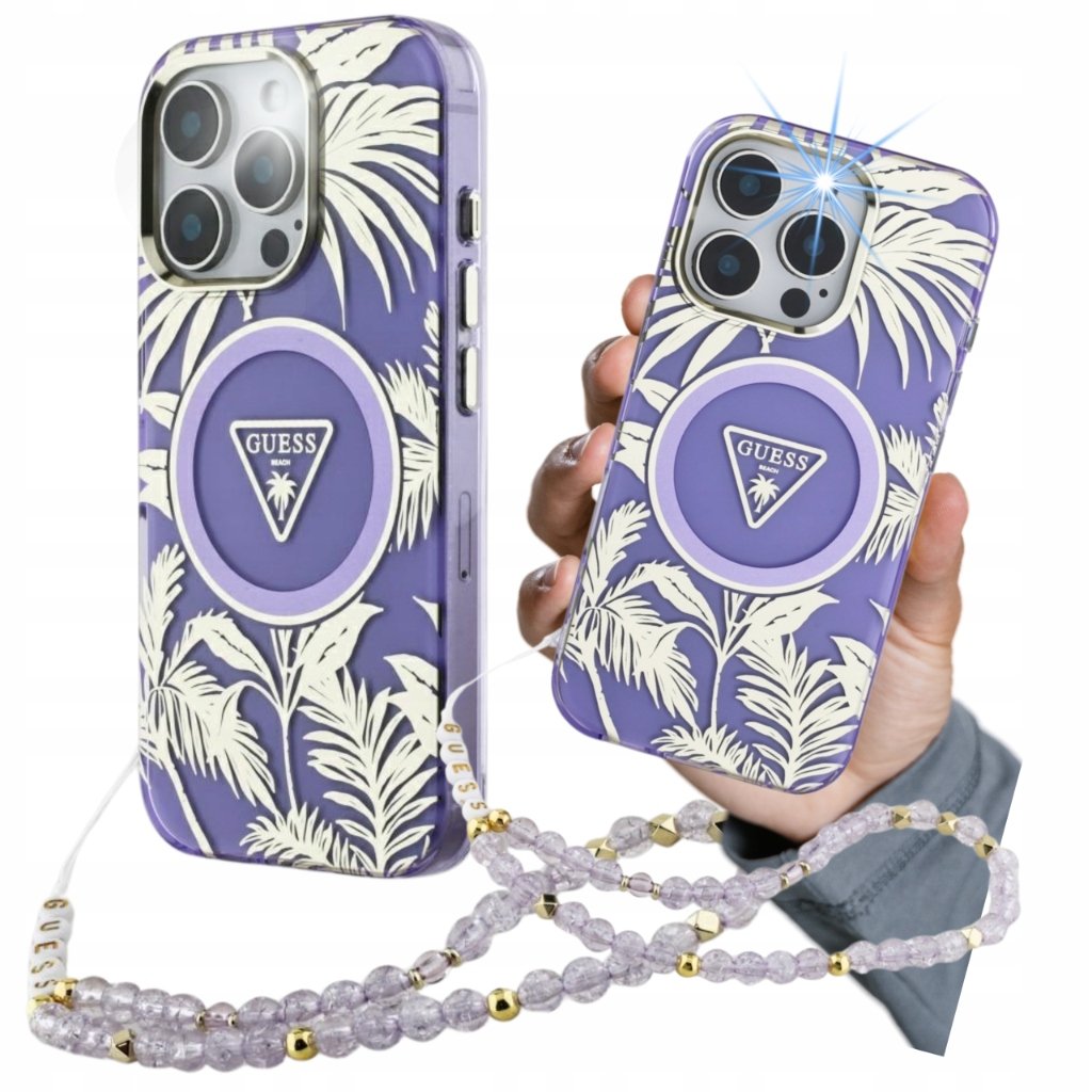 Guess Etui Palm Trees Triangle Pearl Strap MagSafe do iPhone 16 Pro, fioletowe
