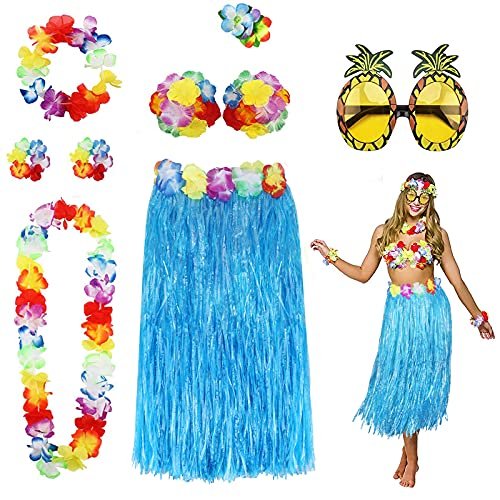PHOGARY Zestaw akcesoriów do kostiumu spódnicy hula, na imprezę hawajską Luau, tańcząca hula z kwiatowym topem bikini, hawajski lei, hibiskus, ananasowe okulary przeciwsłoneczne dla kobiet, 8 szt.,