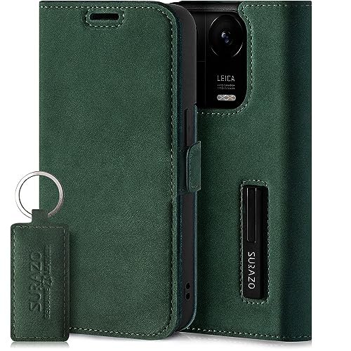 SURAZO Premium Slim magnetyczne etui na telefon komórkowy do Xiaomi 14 5G, skórzane etui ochronne z klapką z prawdziwej skóry (ciemnozielone)