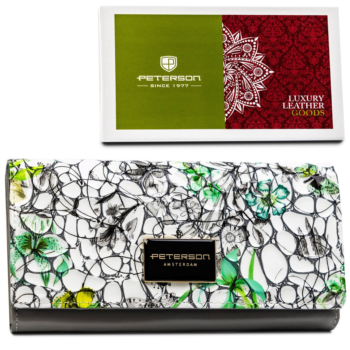 Duży poziomy portfel damski z lakierowanej skóry naturalnej szary z zielonym kwiatowym motywem PETERSON pojemny funkcjonalny bilon na zatrzask schow..