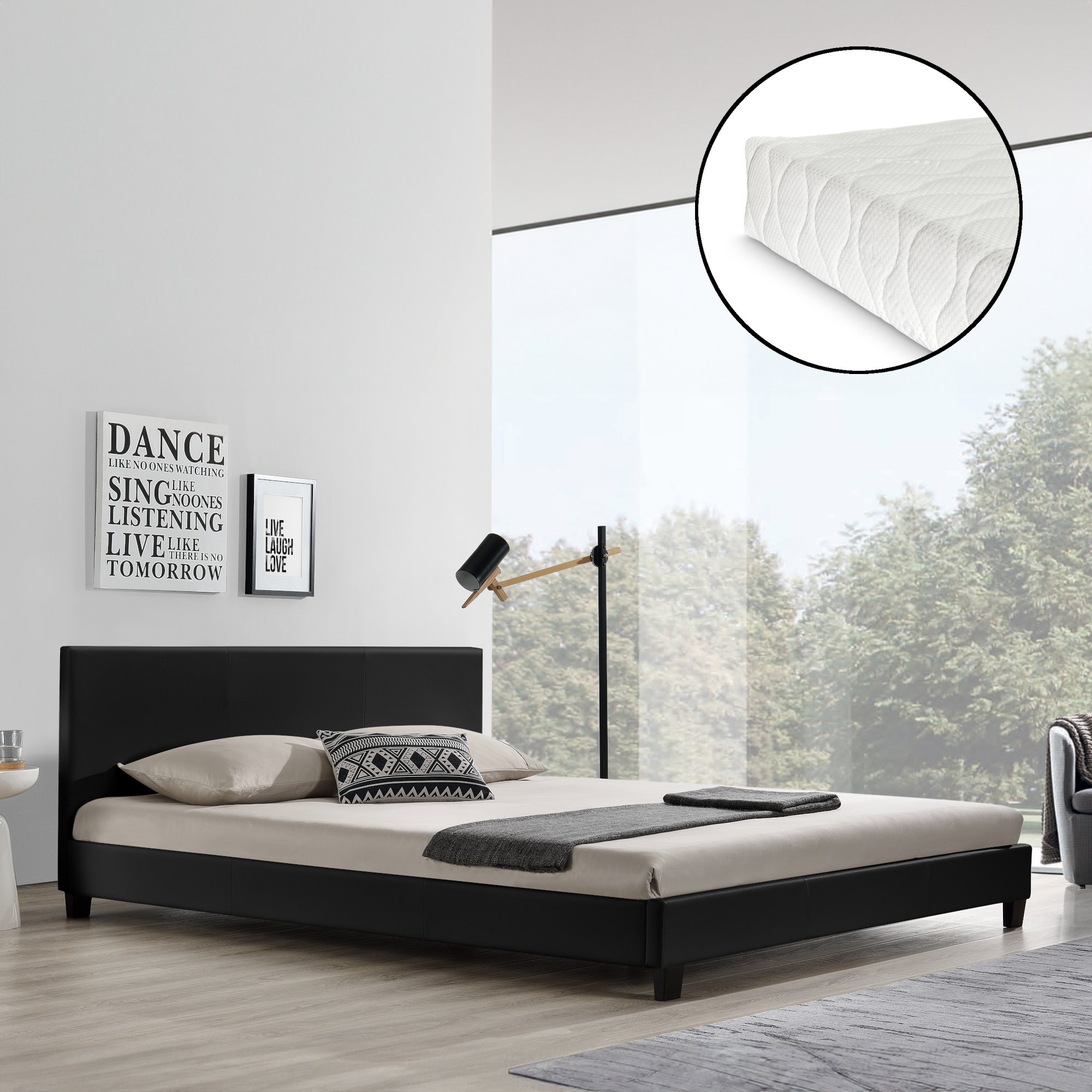 Designerskie łóżko tapicerowane z materacem 180 x 200 cm z czarnej sztucznej skóry CORIUM