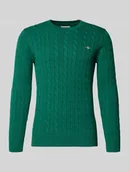 Swetry męskie - Sweter z dzianiny ze ściegiem warkoczowym i wyhaftowanym logo - miniaturka - grafika 1