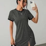 Sukienki - TEMU Damska Sukienka Krótki Rękaw w Paski z Rozcięciem - Okrągły Dekolt, Letnia Sukienka na Plażę, Karnawał i Codzienne Stylizacje - Pranie w Praniu - miniaturka - grafika 1