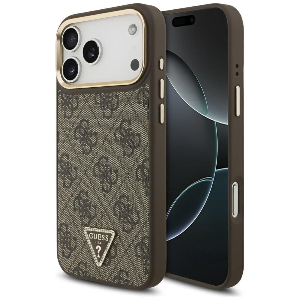 Etui Guess 4G Triangle Logo MagSafe do iPhone 17 Pro Max brązowy złoty