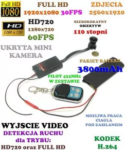 Mikro-Kamera HD/Full HD (do ukrycia/zabudowy) Nagrywająca Obraz+Dźwięk (7-dni Pracy!!) - Rybie OKO!! - Minikamery i aparaty szpiegowskie - miniaturka - grafika 1