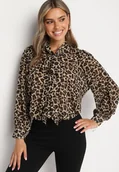 Koszule damskie - Beżowa Koszula w Panterkę z Wiązaniem pod Szyją Nevlita - miniaturka - grafika 1