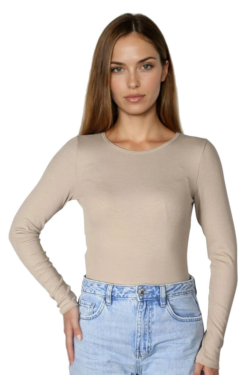 Prążkowana koszulka damska z wiskozy z długim rękawem Irma cappucino S
