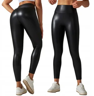 Legginsy MODNE Wysoki Stan MODELUJĄCE EKOSKÓRA Elastyczne PUSHUP CZARNE S - Legginsy - miniaturka - grafika 1