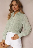 Koszule damskie - Miętowa Koszula z Tkaniny Plumeti Zdobiona Metaliczną Nitką i Koronką Mulliner - Renee - miniaturka - grafika 1