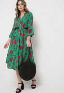 Sukienki - Zielona Sukienka z Koszulową Górą i Rozkloszowanym Dołem w Kwiaty Hazerpia - miniaturka - grafika 1