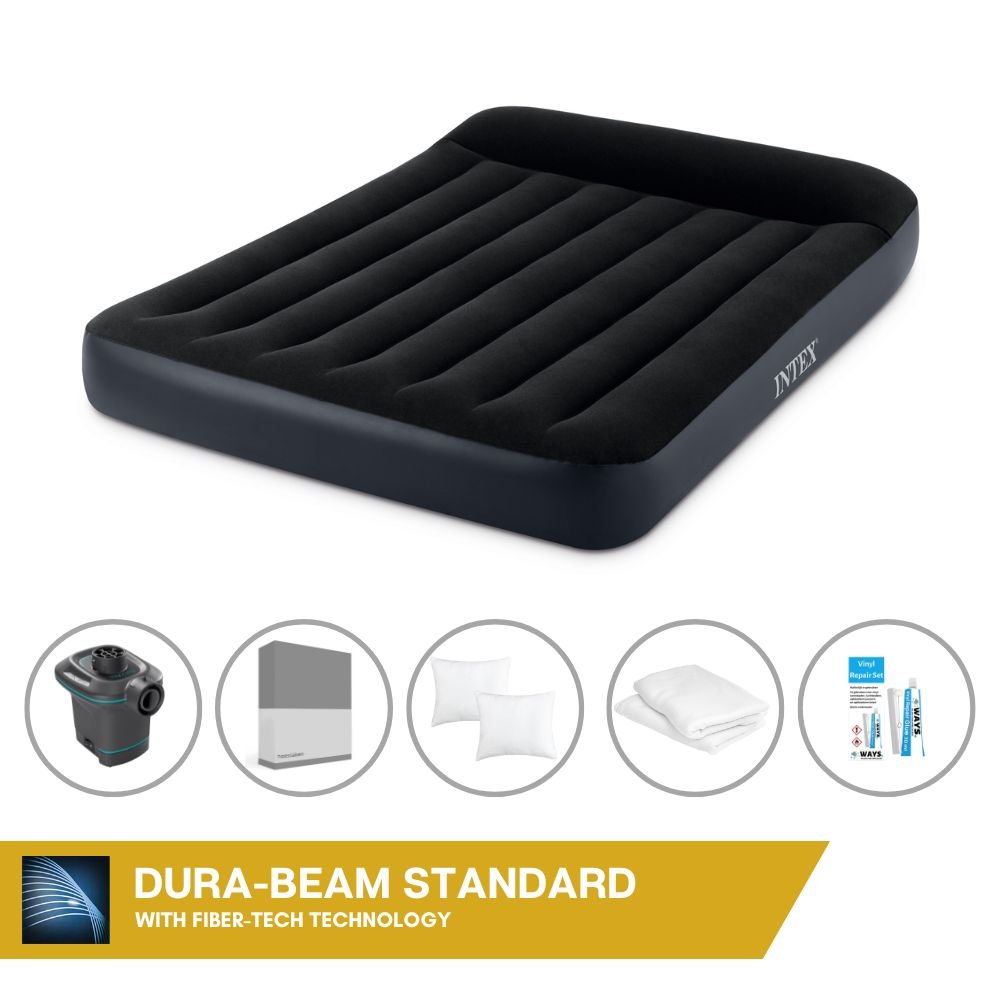 Łóżko dmuchane Intex - 2 osoby - 137 x 191 x 25 cm - czarne + pompka elektryczna Intex - 650 litrów/min + prześcieradło antracytowe + poduszka + poszewki Molton 2 w 1 + zestaw naprawczy