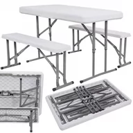 Meble ogrodowe - Komplet mebli bankietowych, składany stolik ogrodowy 2 ławki, biały - miniaturka - grafika 1