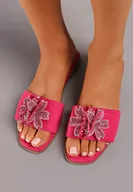 Klapki i japonki damskie - Fuksjowe Klapki z Naszywką w Kształcie Kwiatka z Cyrkoniami Adicarsa - miniaturka - grafika 1