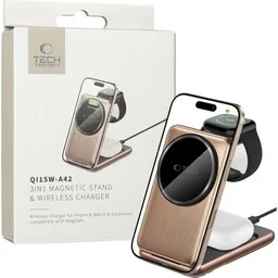 Tech-Protect Ładowarka indukcyjna Qi15W A42 3w1 Magnetic Stand and Wireless Charger do MagSafe, Qi, złota - Ładowarki do telefonów - miniaturka - grafika 1