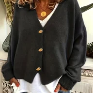 Swetry damskie - TEMU Kardigan Damski z Eleganckim Dekoltem w Serek i Długimi Rękawami - Miękkie, Elastyczne, Jednokolorowe, Z Guzikami, Regularny Krój na Jesień/Zimę - miniaturka - grafika 1