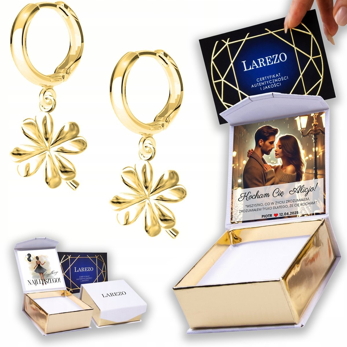 Złote Kolczyki 925 Koniczyny Liście Kwiaty Listki z Koniczynki NADRUK