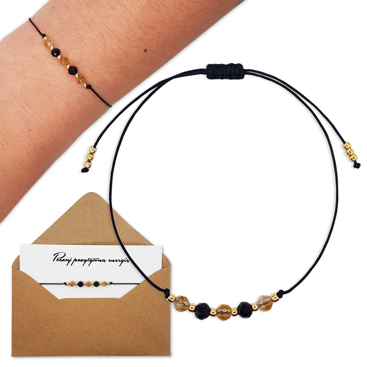 BRANSOLETKA CZARNY TURMALIN I CYTRYN KAMIENIE NATURALNE ochrona i dobrobyt