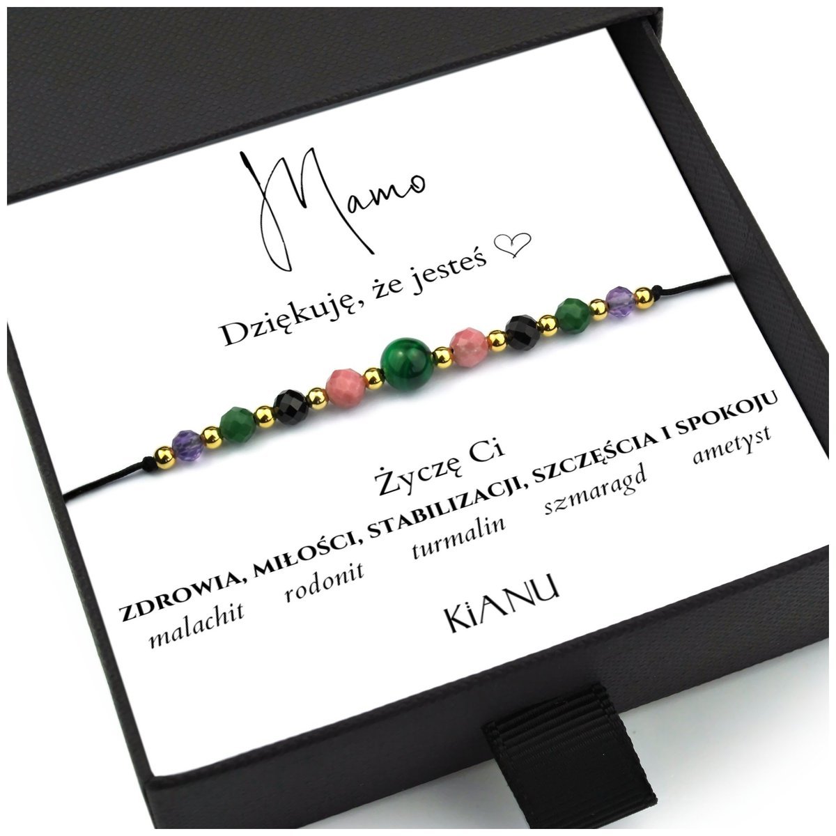 Bransoletka KiANU Malachit Rodonit Turmalin Szmaragd Ametyst Srebro Złoto 24K Prezent na Dzień Mamy