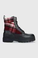 Botki damskie - Tommy Hilfiger botki FEMININE TARTAN LACE UP BOOTIE damskie kolor granatowy na płaskim obcasie FW0FW07670 - miniaturka - grafika 1