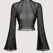 Bluzki damskie - TEMU Damski elegancki, przezroczysty, długi rękaw, top z dzwonkowymi rękawami i koronkowym wykończeniem - stylowa, jednokolorowa bluzka tunikowa na - miniaturka - grafika 1