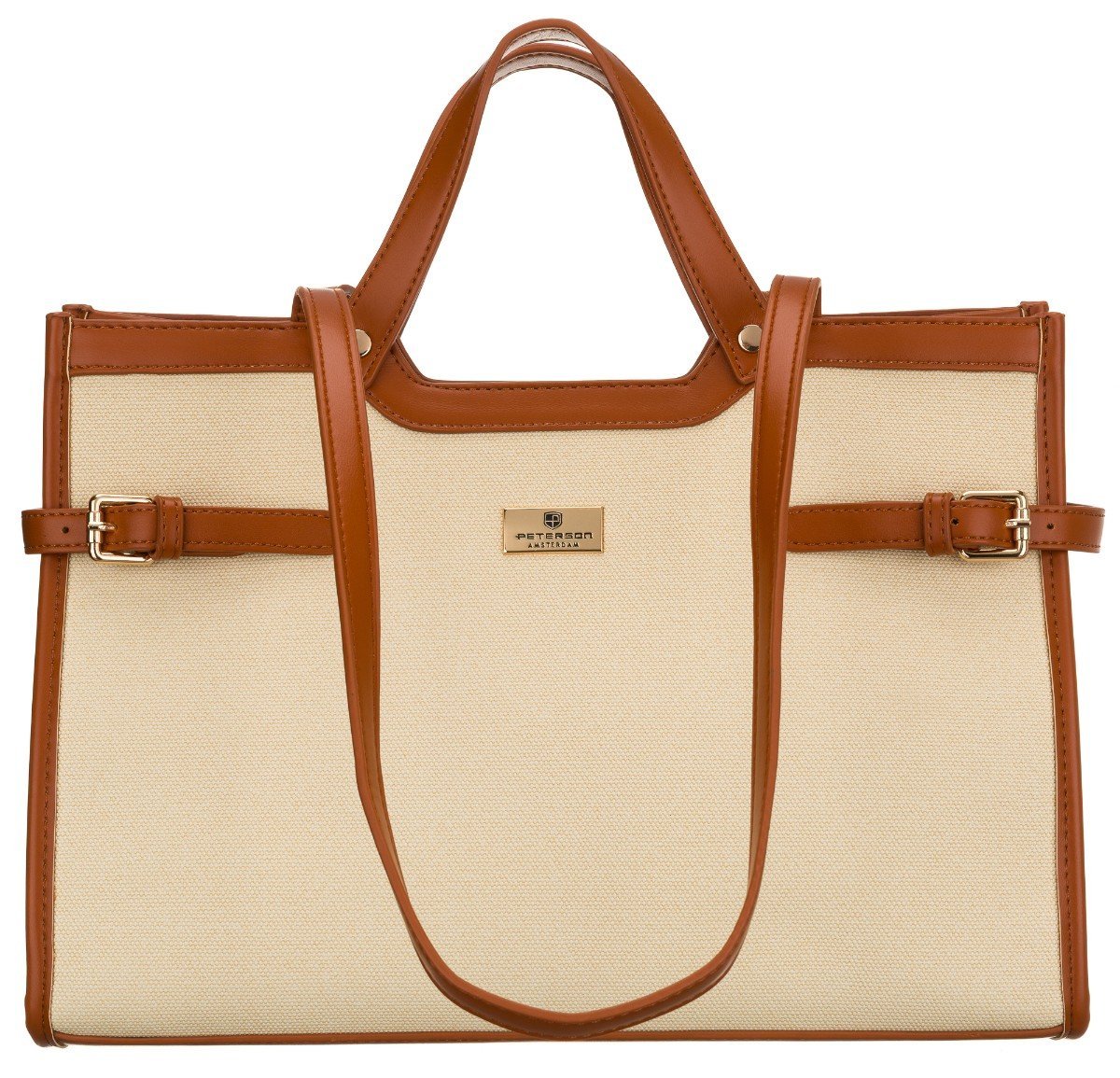 Torebka damska shopper bag PETERSON modna elegancka duża na suwak torebka do ręki lub na ramię kieszonki na drobiazgi skóra ekologiczna beżowo - brą..