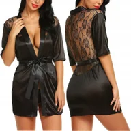 Komplety bielizny - KOMPLET SATYNOWY SZLAFROK DAMSKI Z KORONKĄ PODOMKA + STRINGI - miniaturka - grafika 1