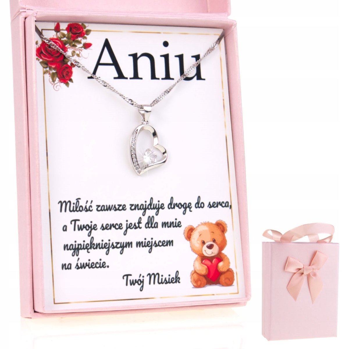 Srebrny Naszyjnik dla Niej Serce Dedykacja Prezent